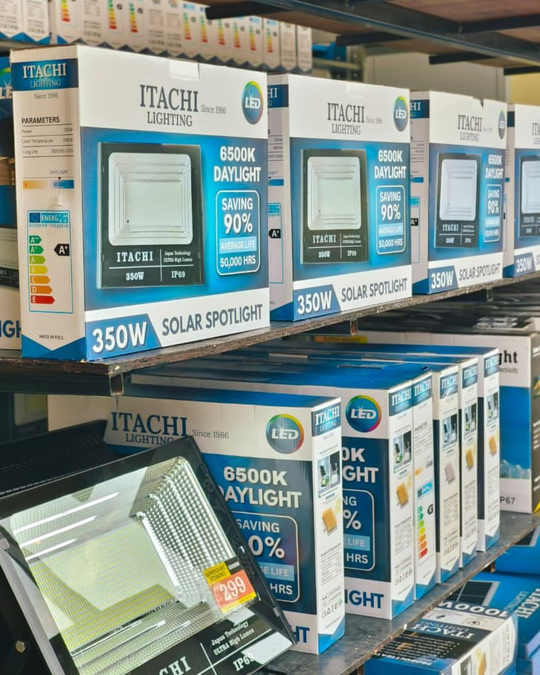 Shelving stacked several rows deep with boxed ITACHI 350W solar spotlights.