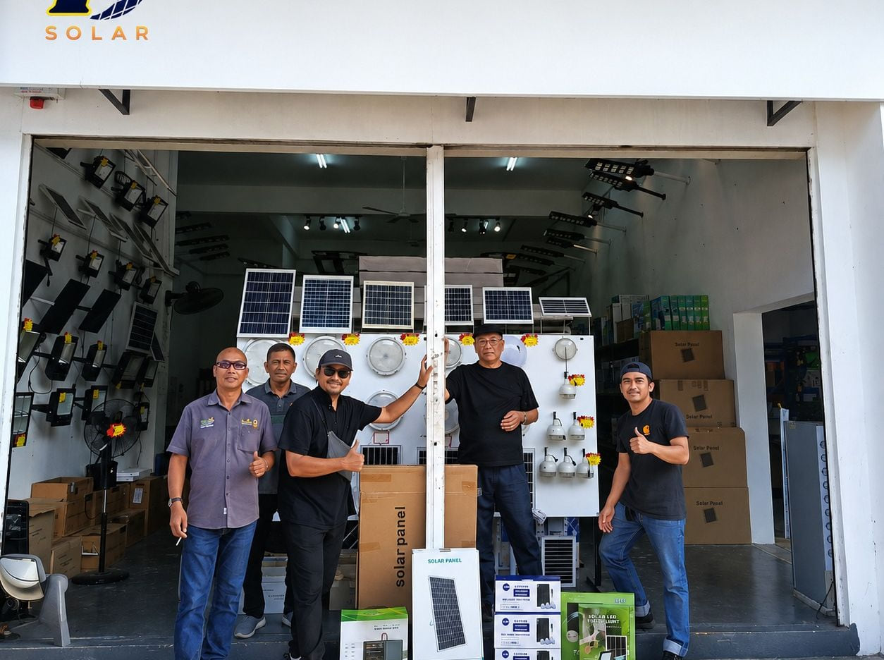 Customers and staff standing across the open shopfront of one of our branches, with solar lights and panels on the wall behind.